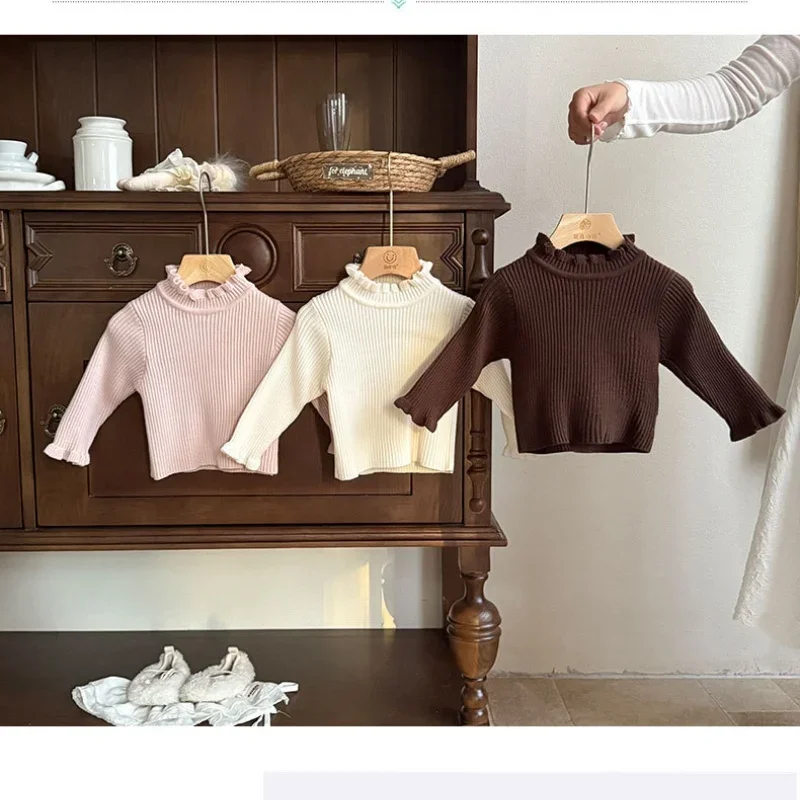 

Children's Girls Knit Sweater Soft Ruffled Mock Neck Long Sleeve Solid Color Skin Friendly Autumn Pullover Top