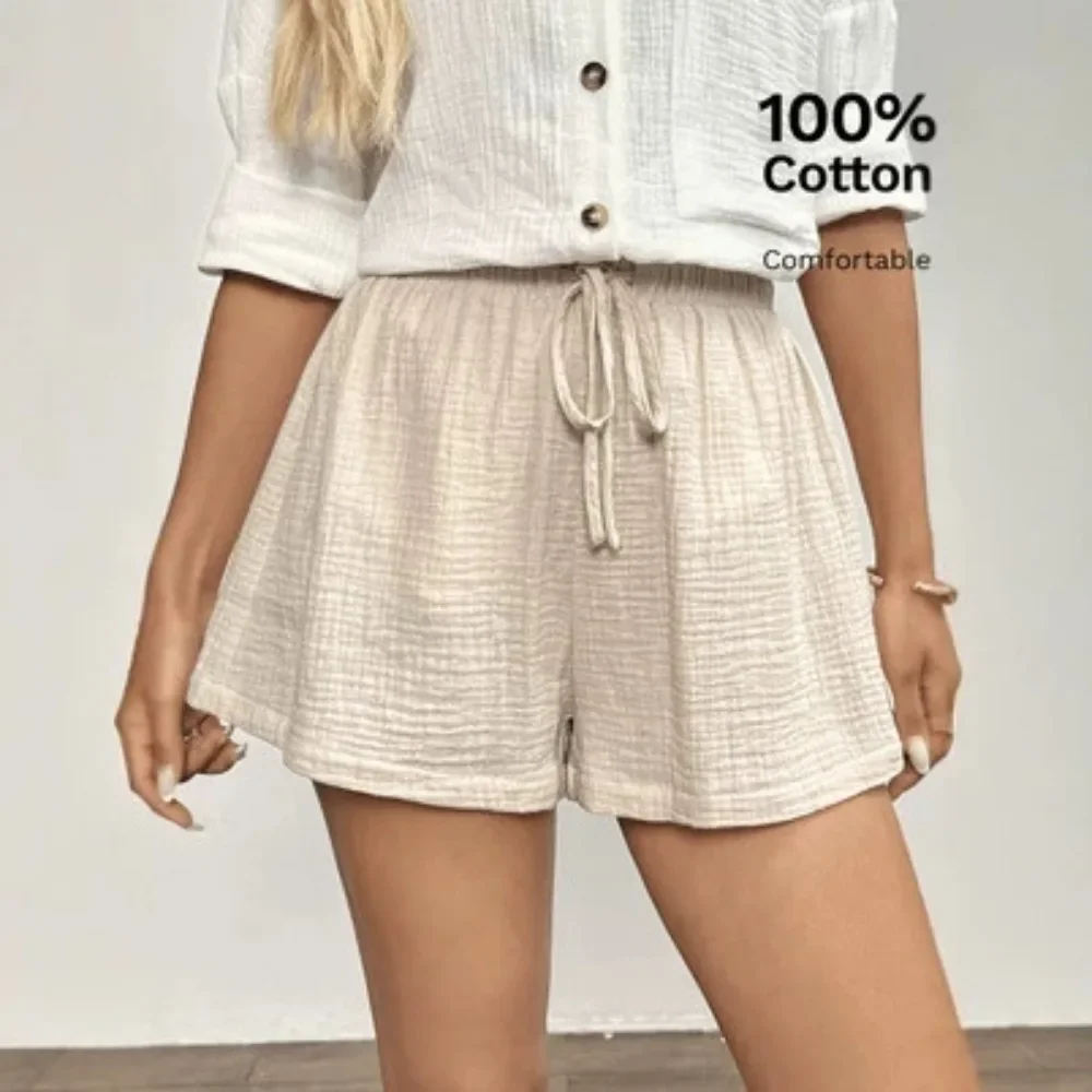Women New Summer Linen Bermuda Shorts Solid Color Loose Drawstring Waist Elegant Casual Beach Breathable Vacation Bottom