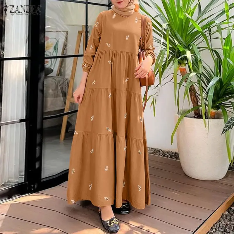 Stylish Women Floral Printed Muslim Abaya Dress 2026 ZANZEA Casual O Neck Long Sleeve Sudnress IsIamic Robe Loose Holiday Kaftan