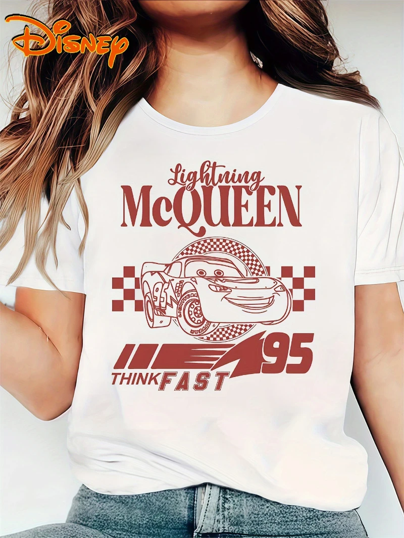 

Cars Lightning McQueen Graphic T-Shirt - "for THINK FAST" Design, Red & White Checkered Flag Print, Short Sleeve Crew Neck