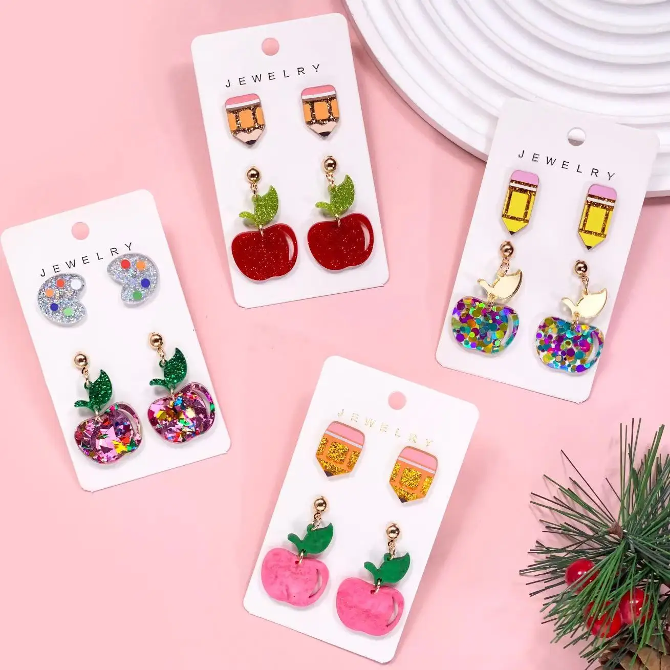 A Pair of Back-to-school Season Bling-bling Acrylic Apple Earrings with Water Ripple Leaf Design, Featuring Red Apple Sequins. C