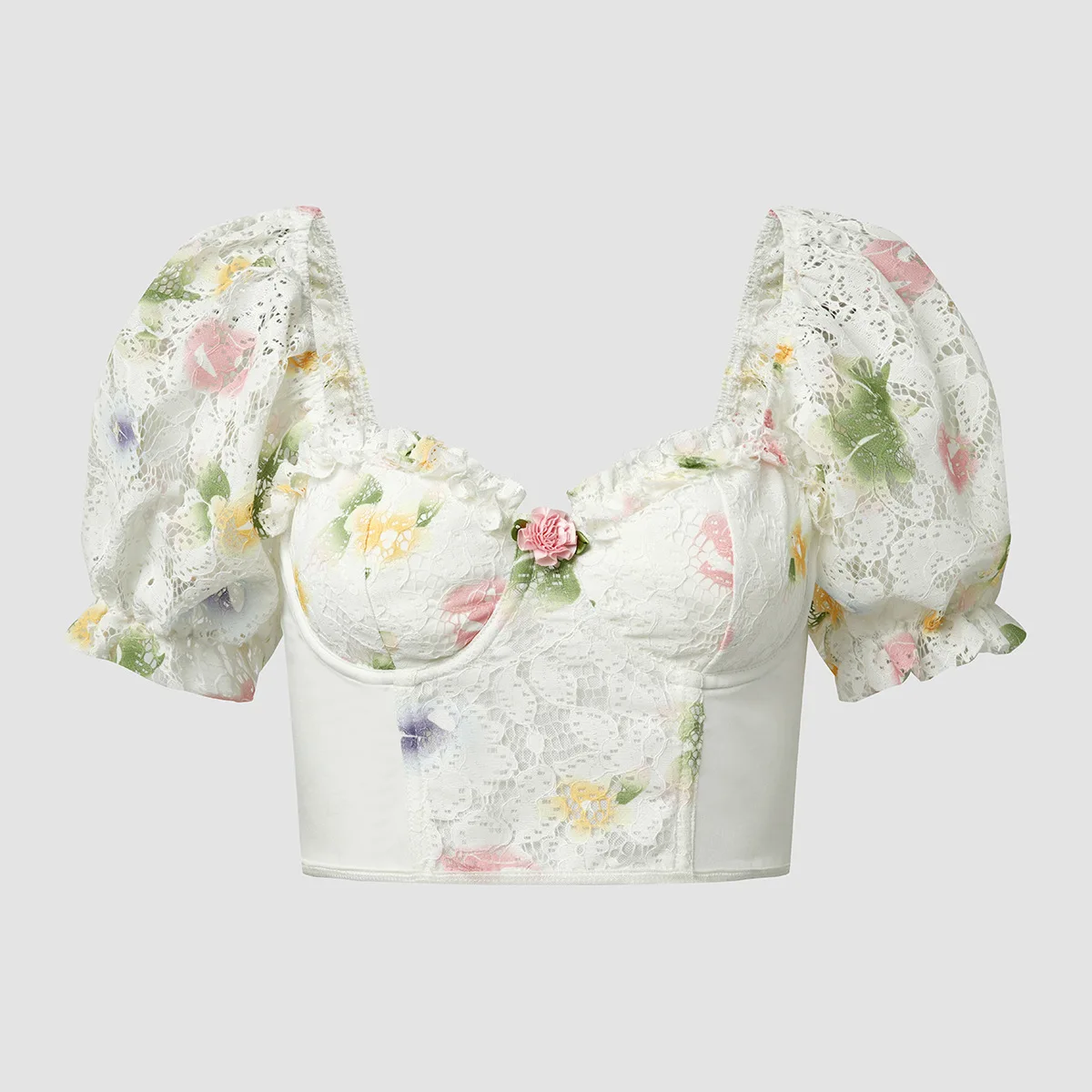 ISAROSE Summer Lace T-shirt for Women Floral Hollow Out Puff Sleeves Stretch Braless Low Cut Crop Tops Casual Backless Clothing