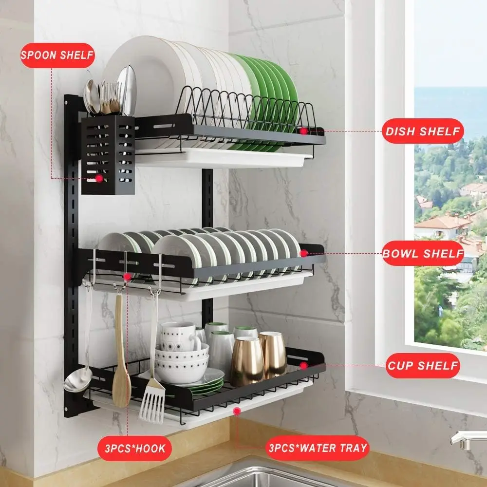 

Dish Drying Rack Wall Mount, Racks Drainer,3 Tier Kitchen Plate Organizer Storage Shelf with Drain Tray 3 Hooks,