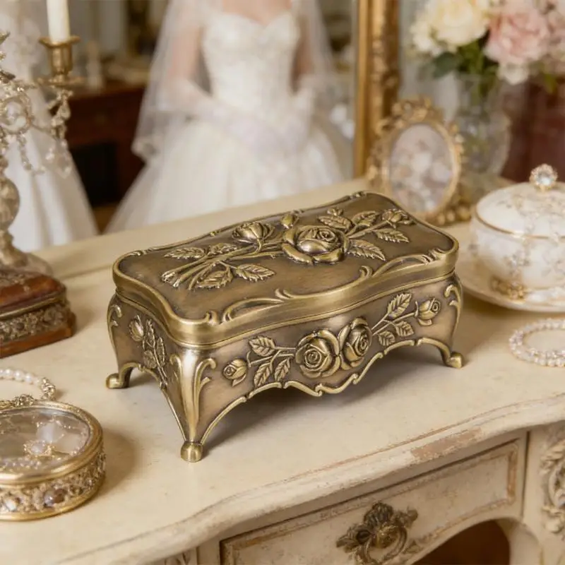 Sophisticated Charm Rose Embosseds Metal Box For Safekeeping Jewelry Accessories And Valuables