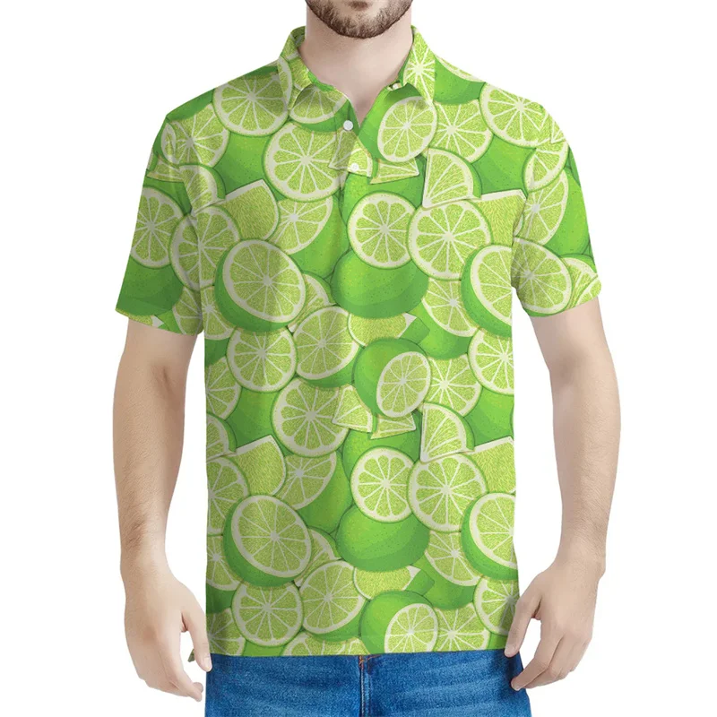 Green Lime Slices Polo Shirt Men 3d Printed Lemon Lapel Tees Women Loose Button Short Sleeves Casual Summer Polo Shirts Tops