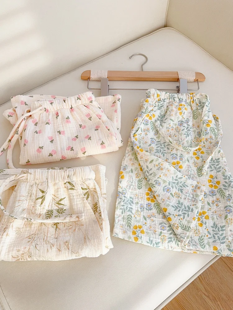 

Summer Casual Floral Print Double Layered Cotton orts Women's Home Wear Spwear Youth Sweet Sle mid Waist Elastic Pants