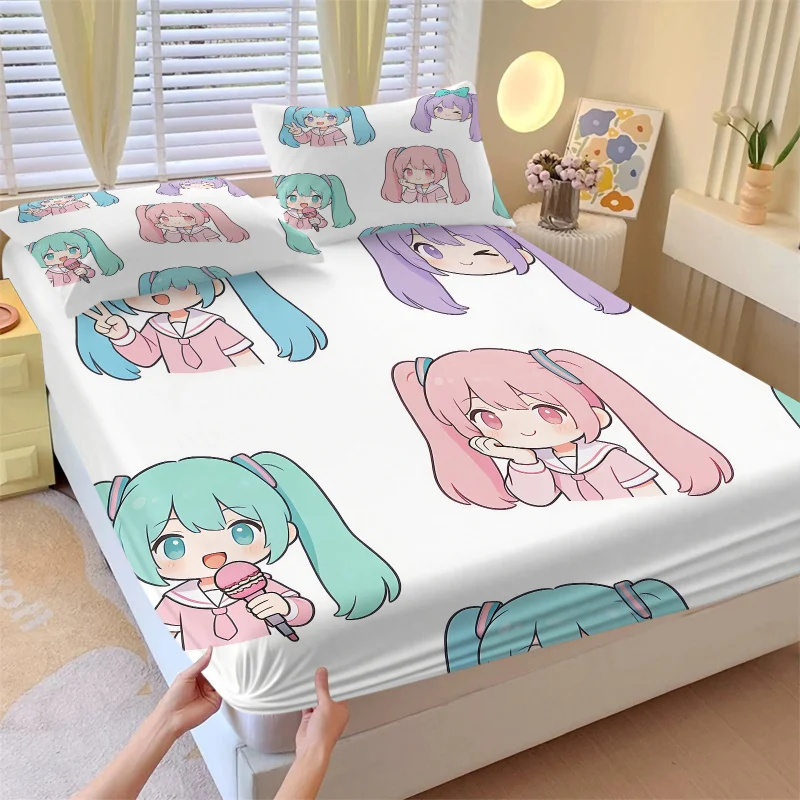 3点セット-初音ミク-パステルちび柄-フィットシーツセット-可愛いアニメベッドカバー-枕カバー付き-ディープポケット-ファン向けルームデコレーションギフト