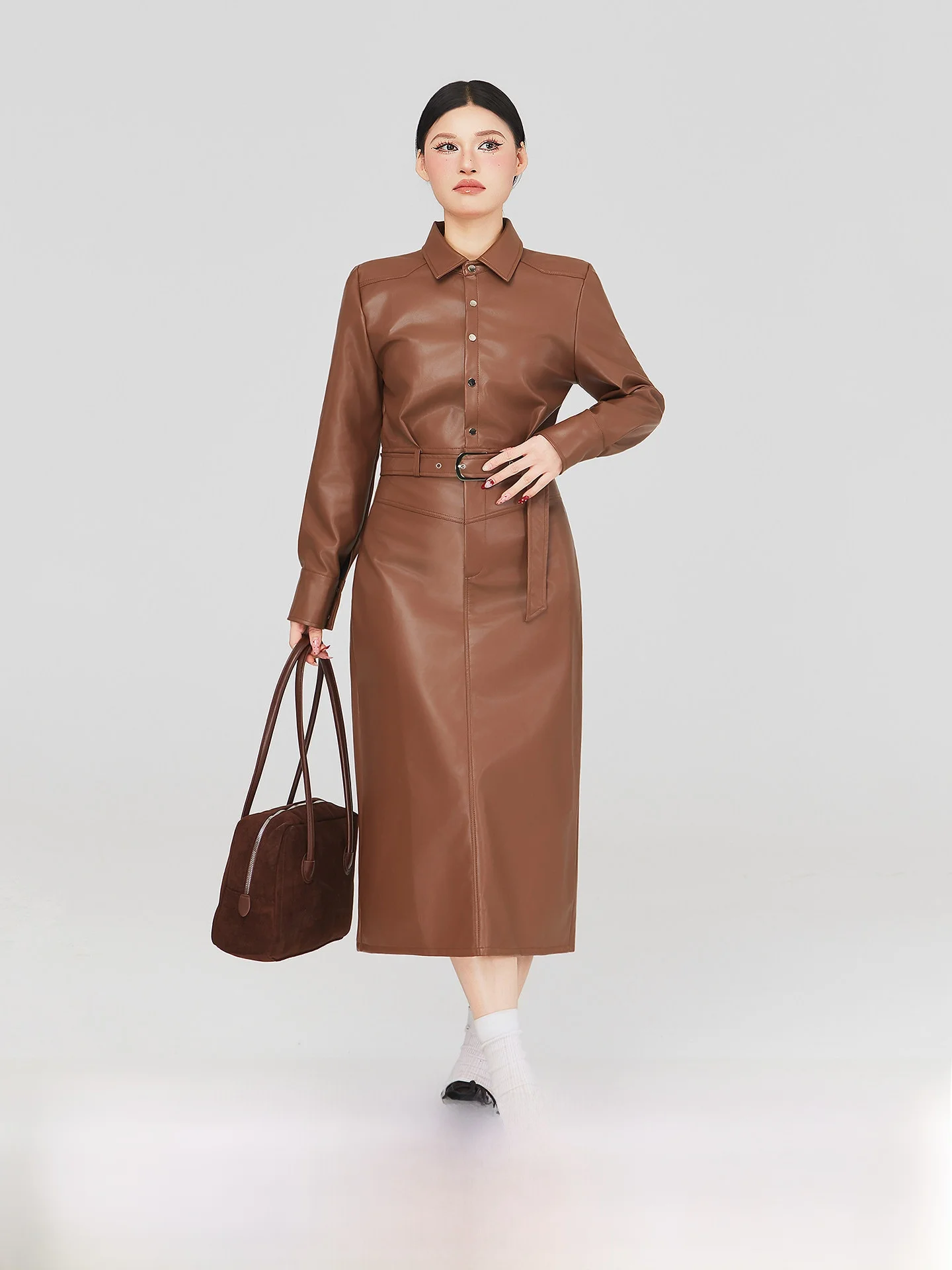 

Spring Season Women's Long Sve PU Leather Dr Slimming High Waist A-Line Skirt Button Detail Commute Friendly Faionable