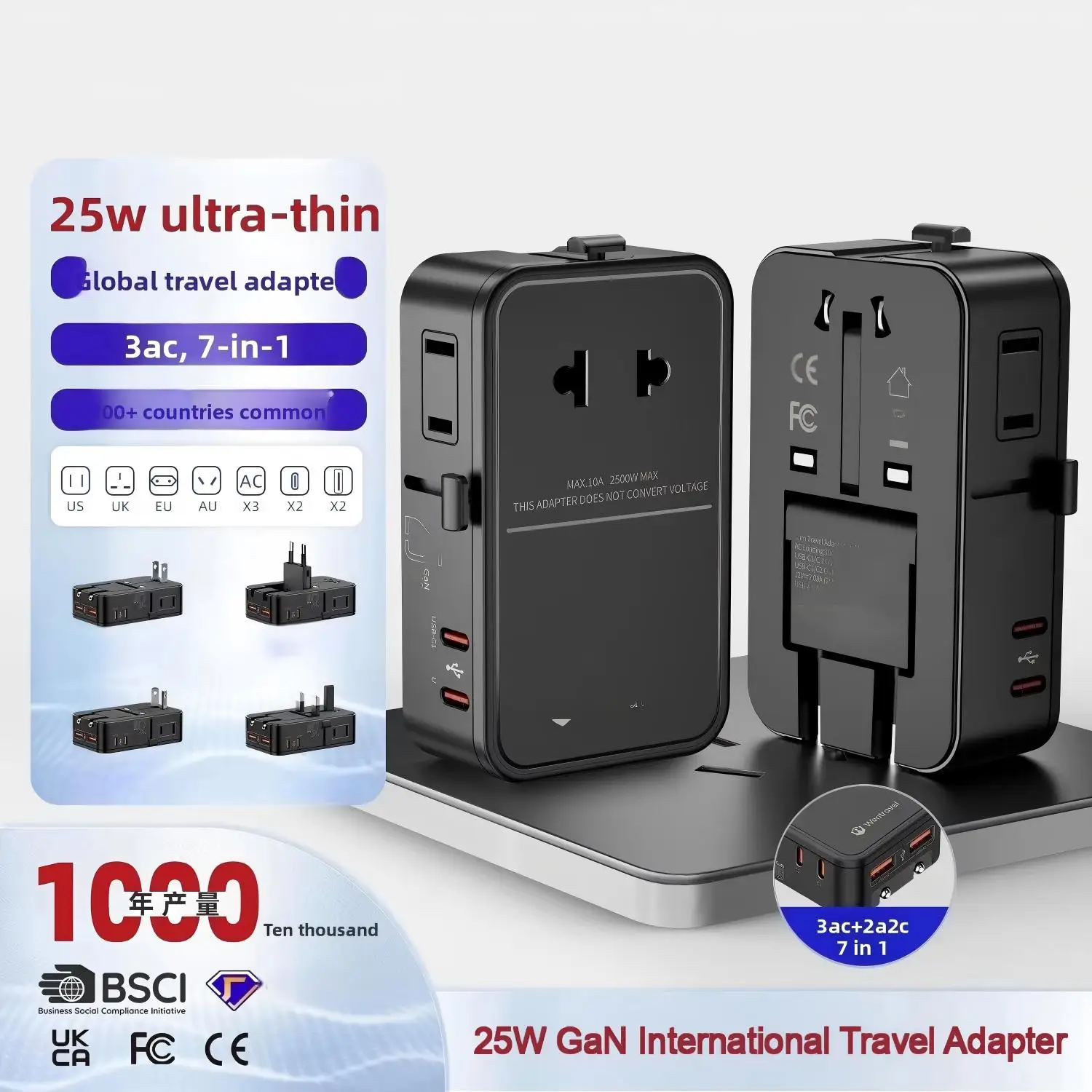 Global Travel Plug Adapter 25W GaN – 7-in-1 Universal Wall Charger, Fast Charge 3AC+2A2C for Phone Laptop, Compact for Airplane