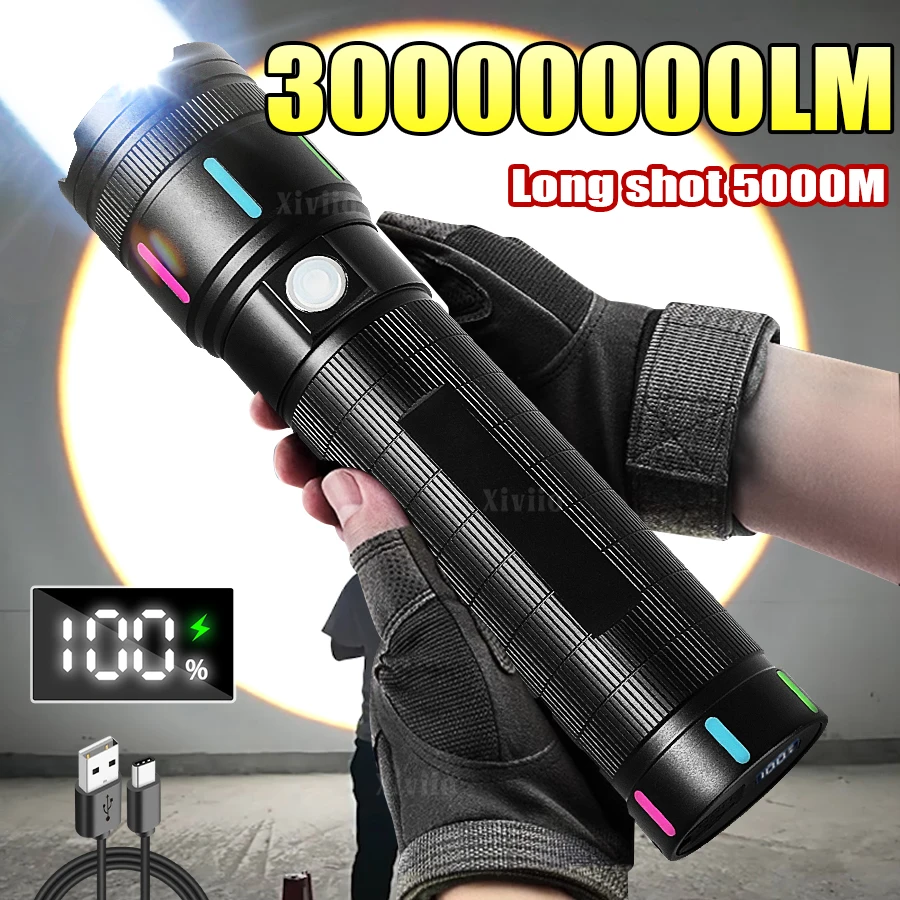 

30000000LM High Power LED Flashlights Super Bright Long Shot 5000M Tactical Lantern Fluorescent Light Rechargeable Torch Lights