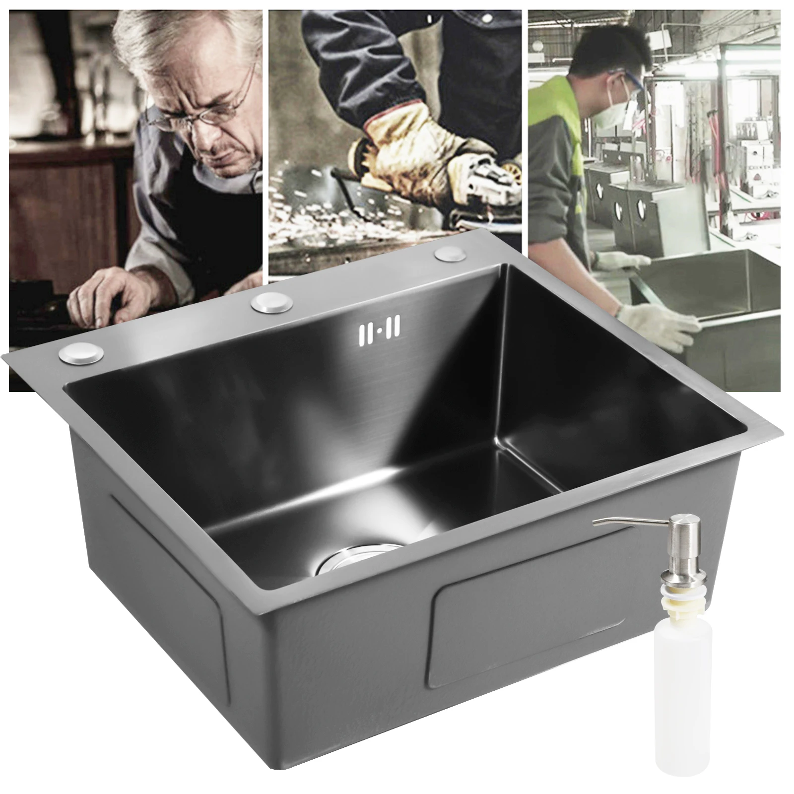 45x50CM Black Stainless Steel Rectangular Built-In Sink, Kitchen Sink W/ Pipe & Noise-Reducing Coatings (Tap Not Included)