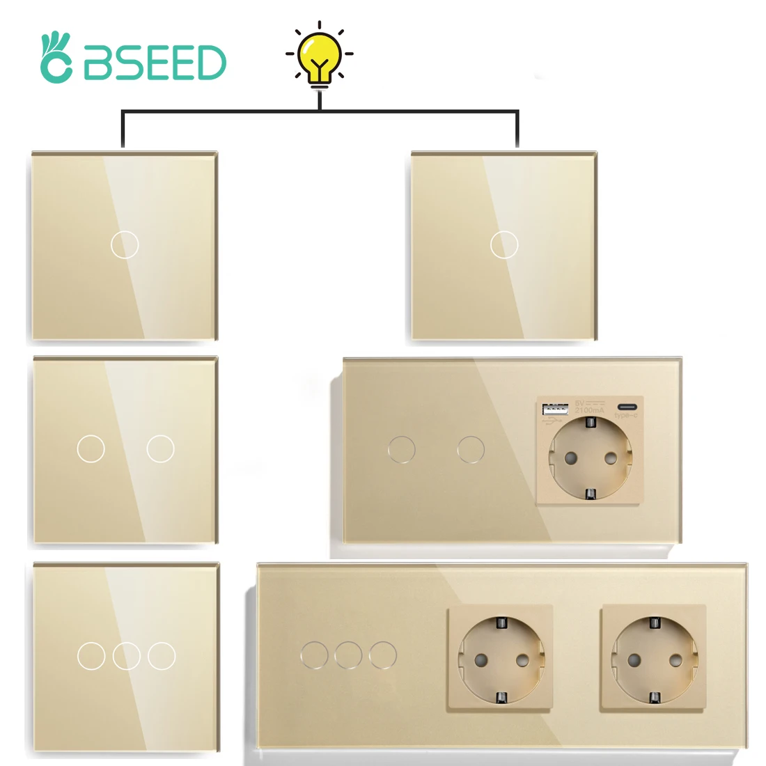 Bseed Touch Light Switch 1/2/3Gang 2Way Wall Socket Type-C USB Port Light Switches For Stairs Glass Panel Blue Backlight 240V