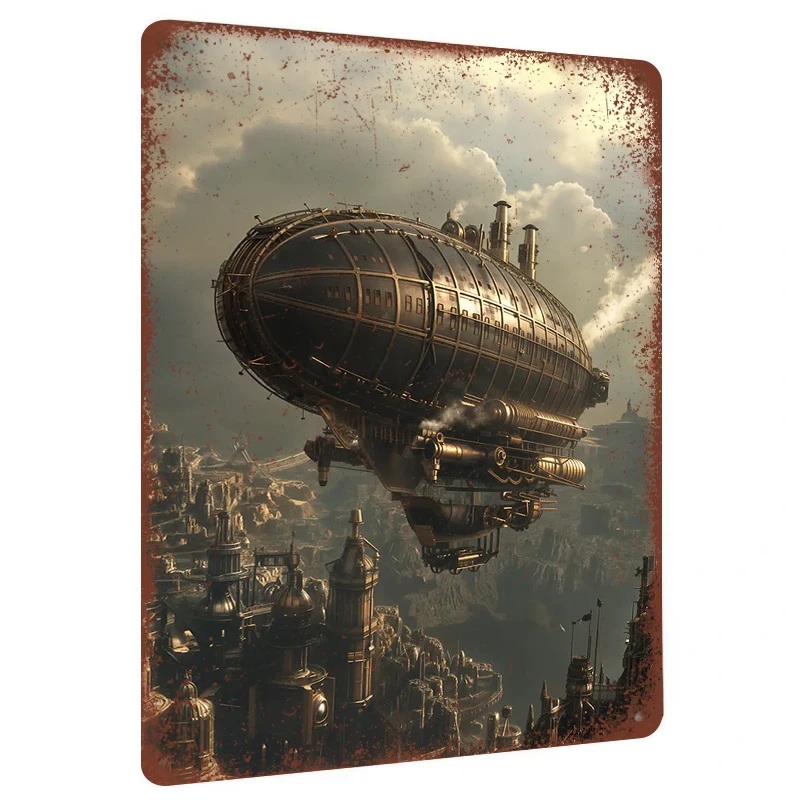Vintage Steampunk Airship Floating City Landscape Custom Metal Tin Sign Home Decor Wall Art