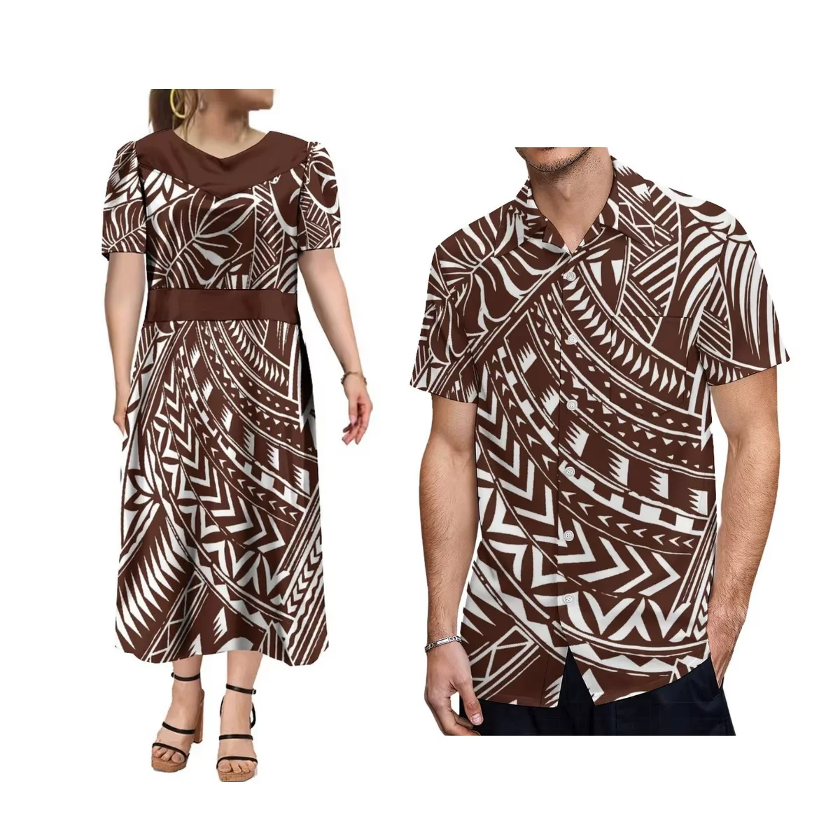 

High Quality Custom Polynesian Tribal Design V Neck Micronesia Dress Plus Size Women Puff Sleeve Puffy Dress