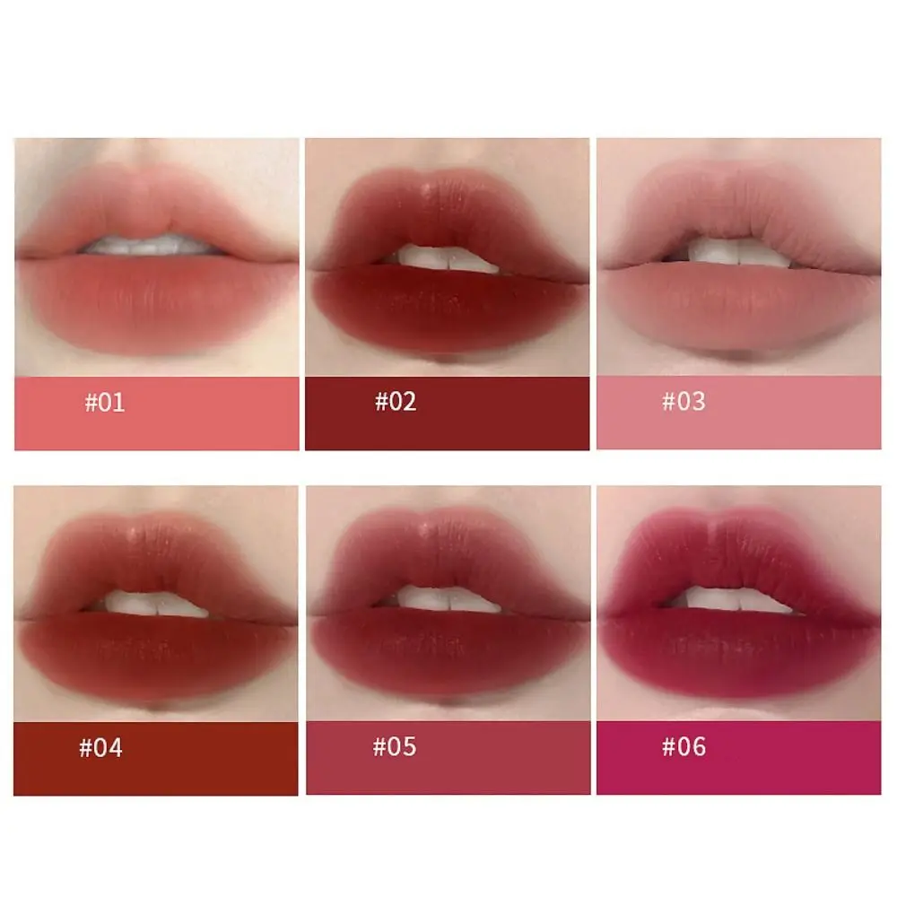 6Color Velvet Lip Glaze Fashion Makeup Tool Long Lasting Lip Stick Mud Non-stick Cup Waterproof Silky Mist Lipstick Women