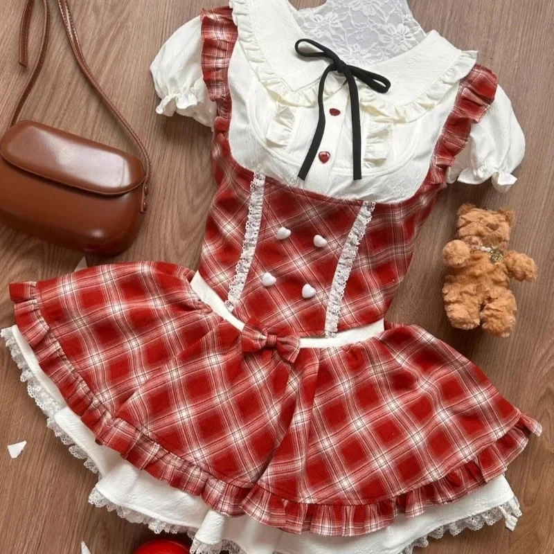 White Sweet 2 Piece Sets Women Kawaii Shirts Elegant Lolita Style Cute Love Button Bow Plaid Dresses Japanese Fashion Skirt Suit