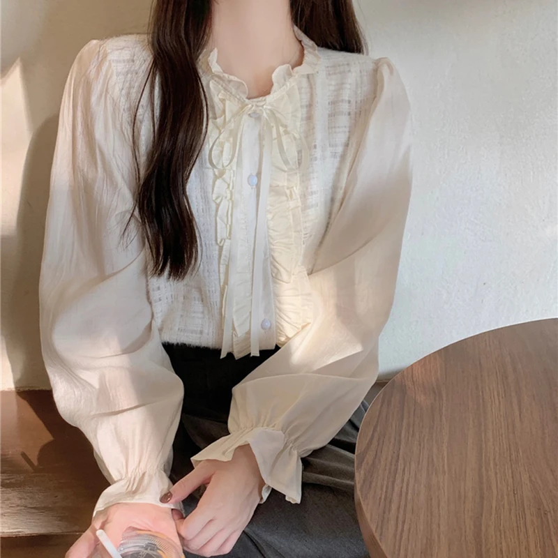 Women Korean Chiffon Blouses Fashion Loose Lace Trim O-Neck Shirt Long Sleeve Fall Elegant Female Casual V-Neck Sweet Cute Tops