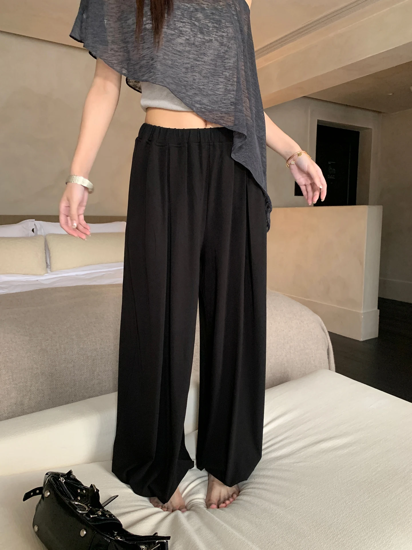Slim Wide Leg Pants Women's Casual Black Loose Lazy Style Summer 2026 New Loose Fit Trousers Low Waist Straight Cut Pants