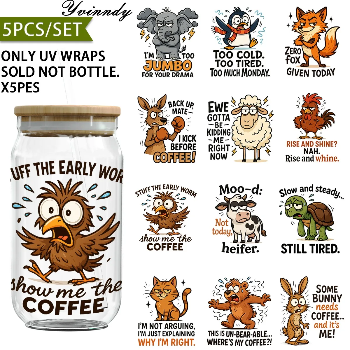 5PCS/SETFunny Animals UV DTF DIY 16OZ Transfer Sticker For DIY Cups,Computer Scrapbook Etc. (Only Stickers Included)