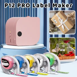 P12 Pro Recarregável Bluetooth Label Maker Machine, pegajoso, Tecido Iron-on Vestuário, Fita de cetim, Inkless