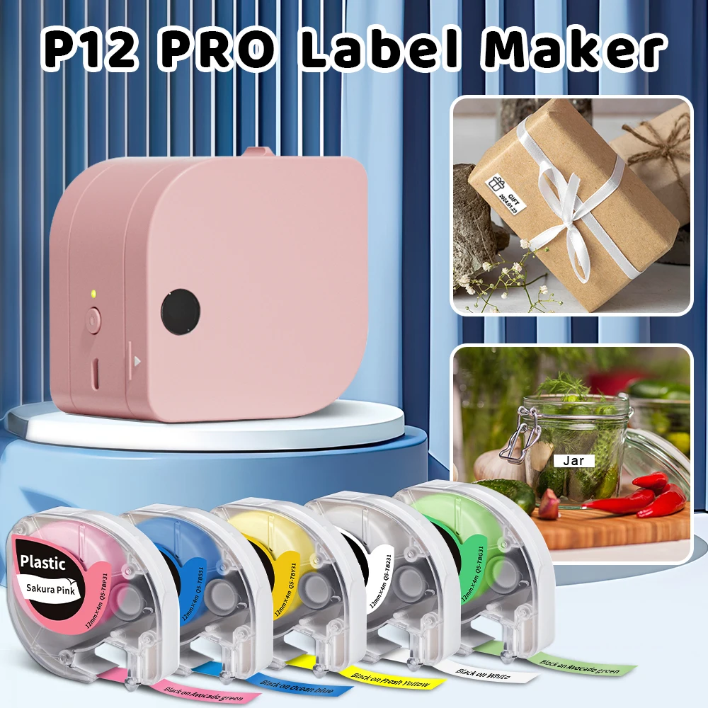 pro recarregavel bluetooth label maker machine pegajoso tecido iron on vestuario fita de cetim inkless p12 01