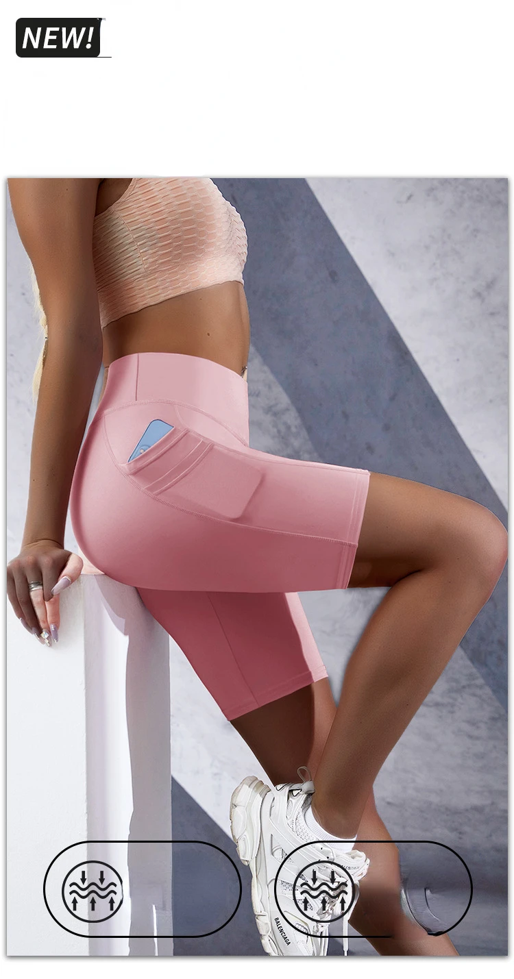 Doppelte Tasche Sport Shorts Frauen Elastische Dünne Shorts Gym Übung Laufen Hohe Taille Shorts Mehrfarbige Yoga Fitness Shorts – Detail 8