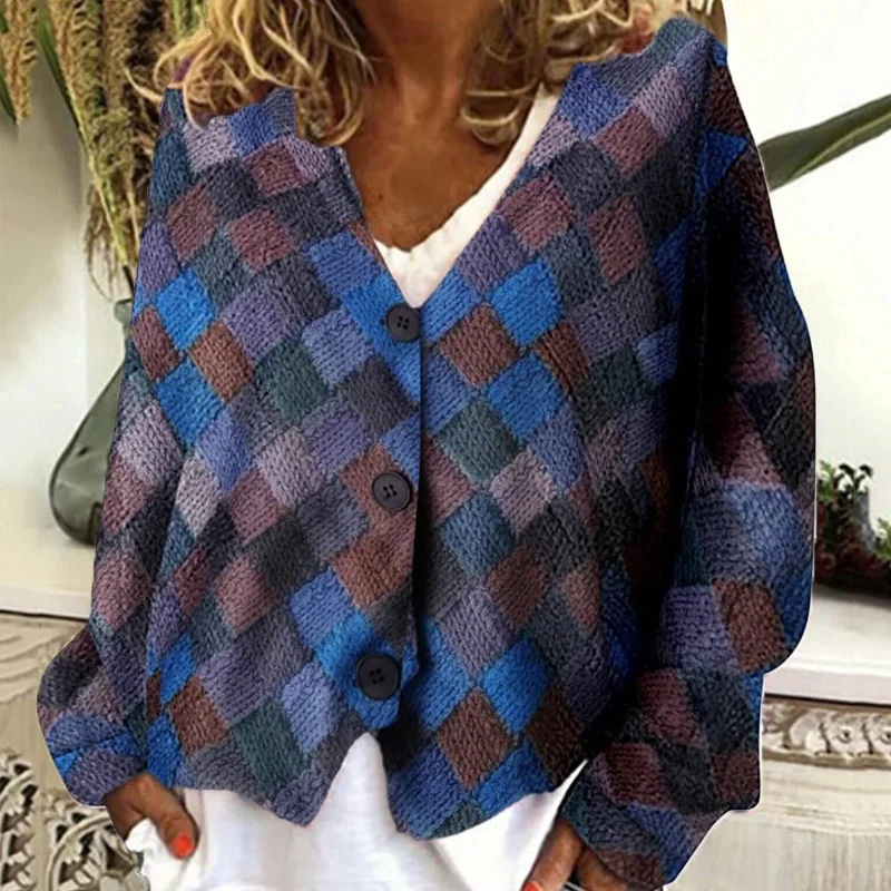 Women Casual V Neck Irregular Jacket Coat Vintage Block Plaid Print Loose Top Cardigan Autumn Winter Long Sleeve Femme Outerwear