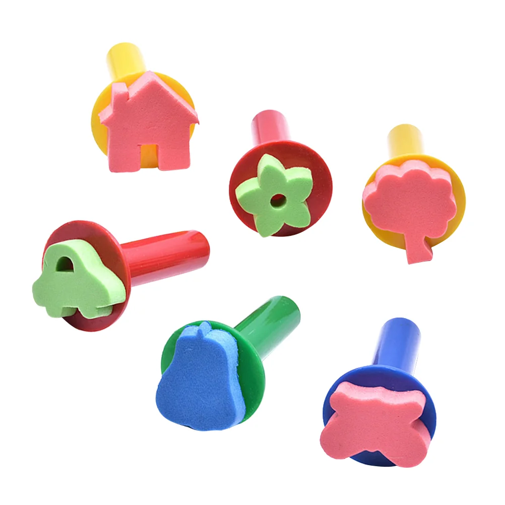 6 Pcs Random Pattern Color Sponge Brush Set Painting Stamper Seal Diverse Colorful Kids