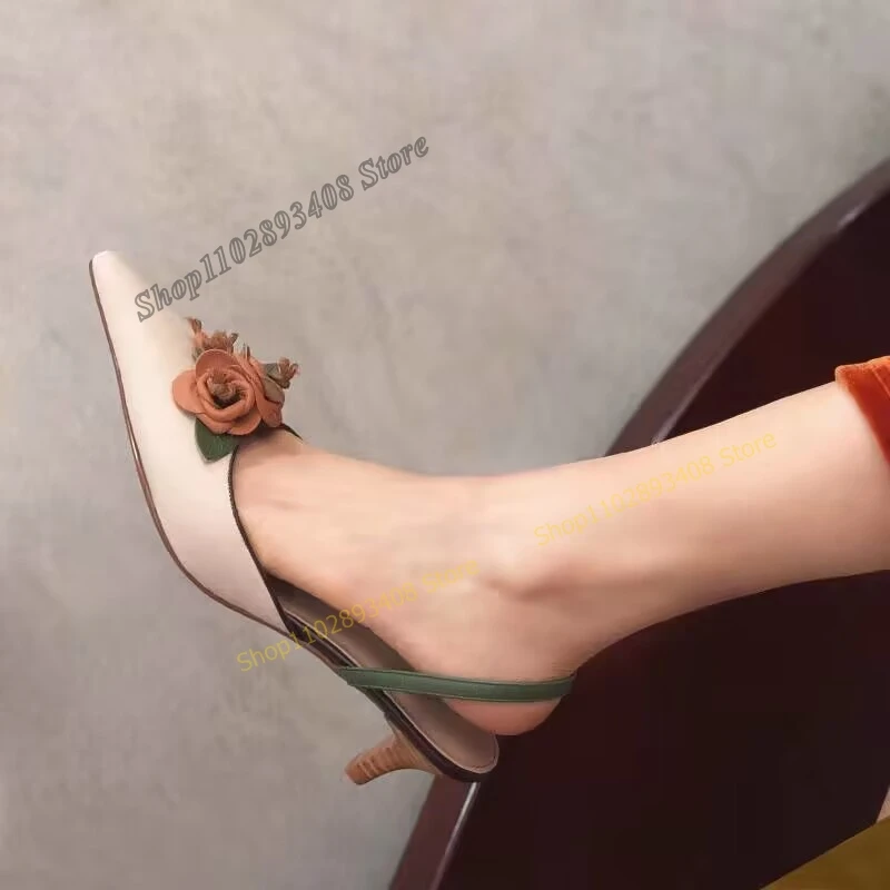 

White Flower Decor Back Strap Pumps Pointed Toe Kitten Heel Slip on Designer Women Shoes 2023 Fashion Sexy Zapatos Para Mujere