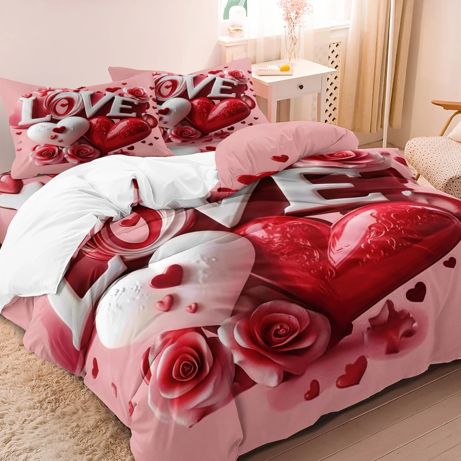 3pcs Love Couple Hearts Theme Print Duvet Cover Set Romantic Pattern Bedding Set, Festival Gift, HD Print For Home And Dorm Use