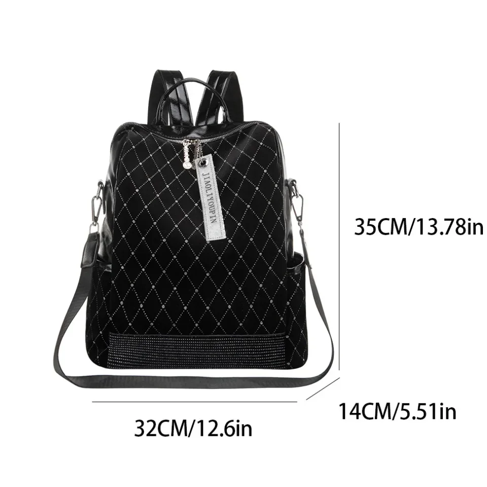 Mochila negra a la moda para mujer, Mochila de cuero PU suave de lujo, diseño de cristal, bolso de viaje para ir al trabajo, bolso de estudiante, Sac A Dos