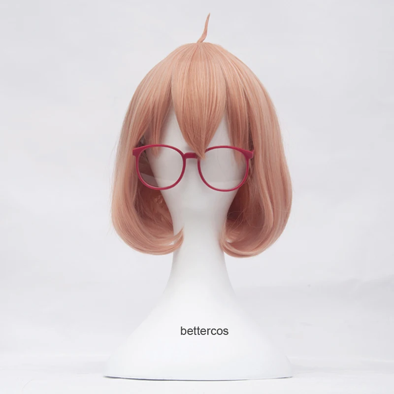 Kyokai no Kanata Kuriyama Mirai Cosplay Wigs Short Orange Pink Heat Resistant Synthetic Hair Wig + Wig Cap+ Red Glasses