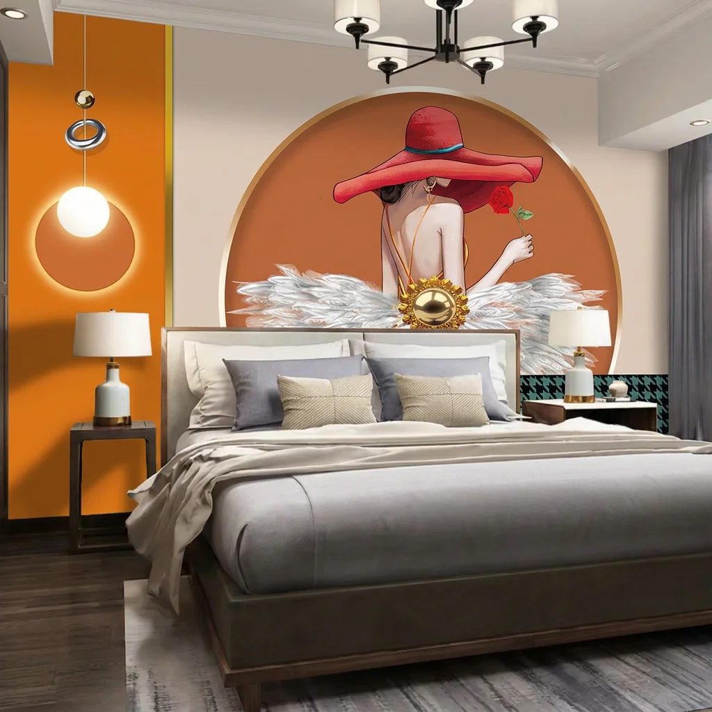 Lady in a red hat space atmosphere, background wall for living room sofa and bedroom, self-adhesive material.