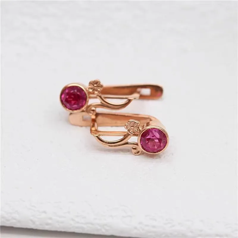 

585 Purple Gold Sweet Style Flower Earings Plated 14k Rose Gold Inlaid Red Gem Earrings for Women Exquisite Fashion Jewelry