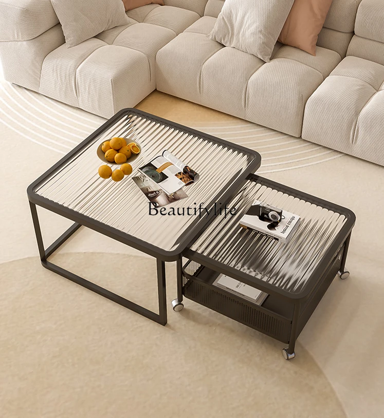 

Living Room Coffee Table High-Grade Portable Minimalist Small Apartment Square Home Stone Plate Glass Table