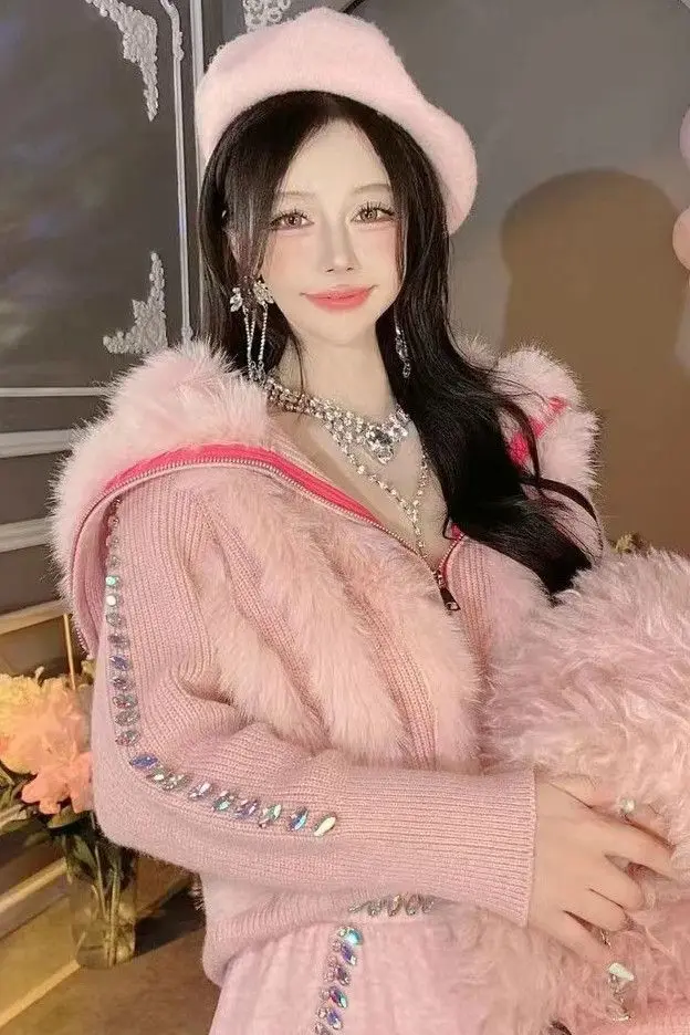 

​​2025 French Chic Embellished Knit Coat Women Winter Teddy Faux Fur Paneling Double Breasted Zip Cardigan Tailored Luxe​​