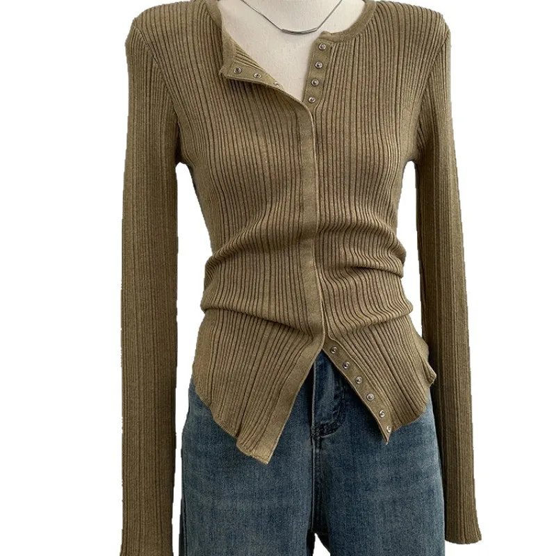Women Premium Texture Knit Long Sleeve T Shirt Autumn Fashion Slim Fit Versatile Base Top Unique Open Front Knit Blouse Stylish 5