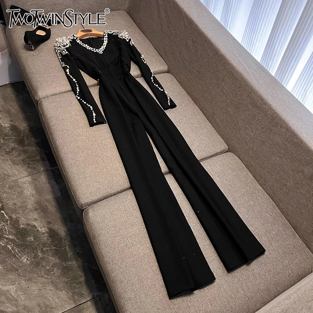 

TWOTWINSTYLE элегантные утягивающие комбинезоны для женщин с v-образным вырезом и длинными рукавами, брюки с высокой талией, повседневный комбинезон, женская мода KJU548541