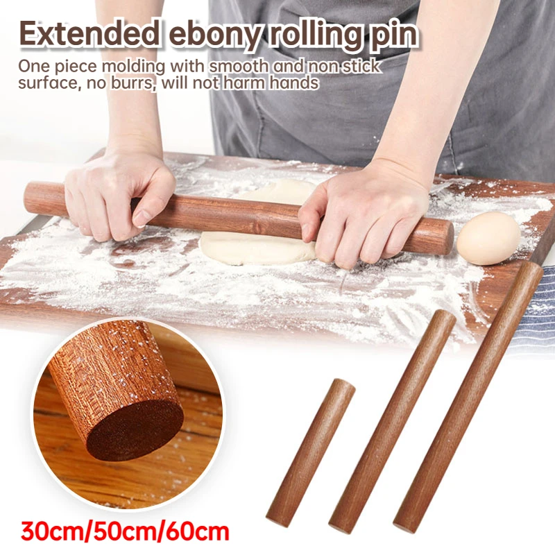 30/50/60cm Household Dumpling Skin Wrapped with Sapi Solid Wood Rolling Pin, Ebony Large Extended One-Piece Molding Rolling Pin