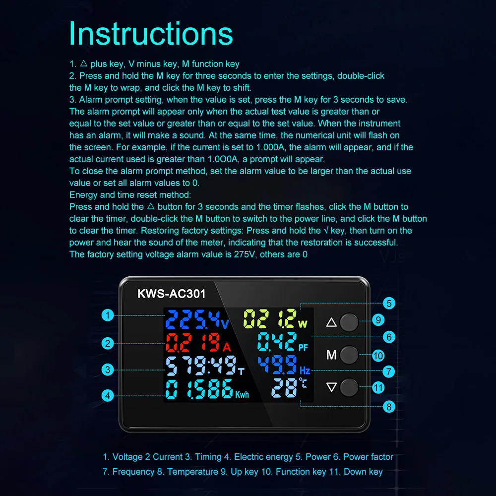 KWS-AC301 Wattmeter Power Meter Voltmeter AC 50-300V Voltage 50-60HZ Power Analyzers LED AC Electricity Meter 0-20/100A Detector
