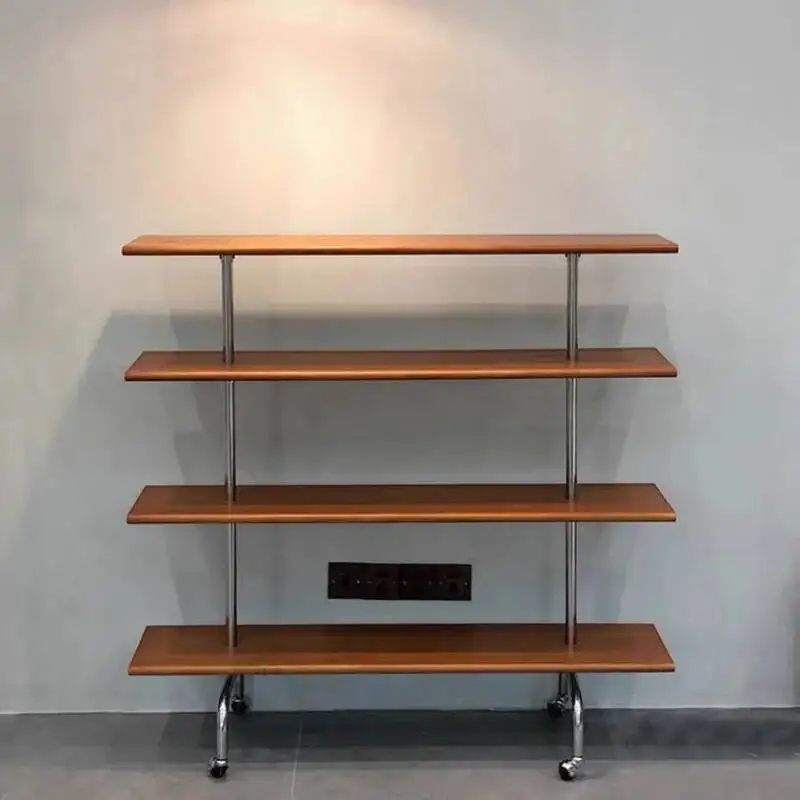 Cart Vintage Designer Storage Holders Wood Wheeled Multi-layer Storage Rack Floor Rack with Solid Wood Stainless Steel Bookshelf