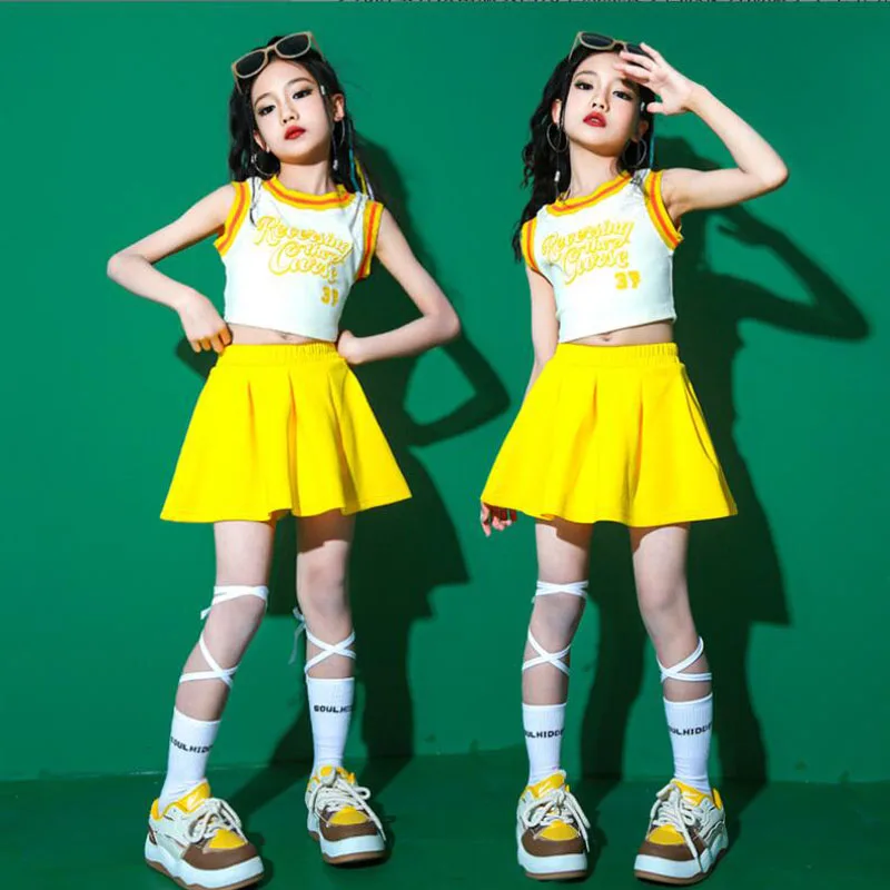 Children Hip Hop Summer Clothes Sets T-shirt Street Dance Skirt Girls Crop Top Cute Outfits Kids Jazz Cheerleader Costumes