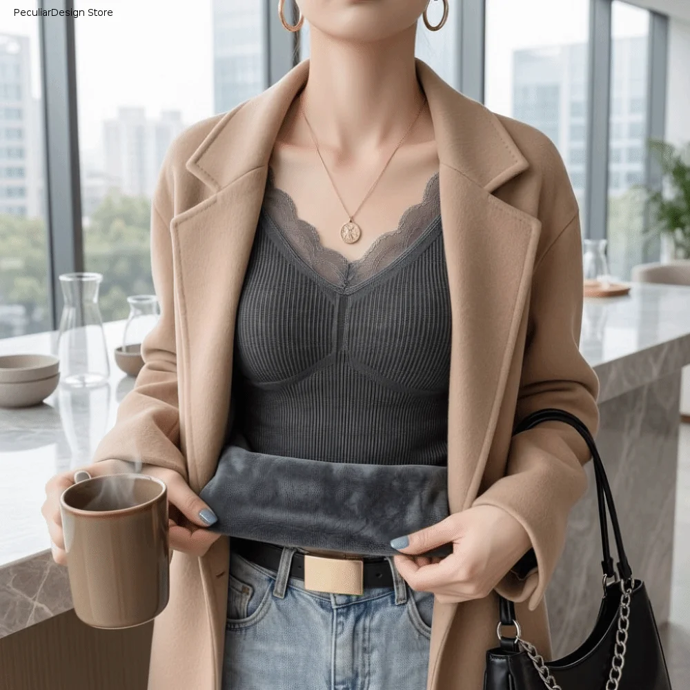 Elasticity Lace Thermal Underwear Seamless Sleeveless Base Layer Vest Plush Thicken Warm Bottoming Camisole Inner Wear
