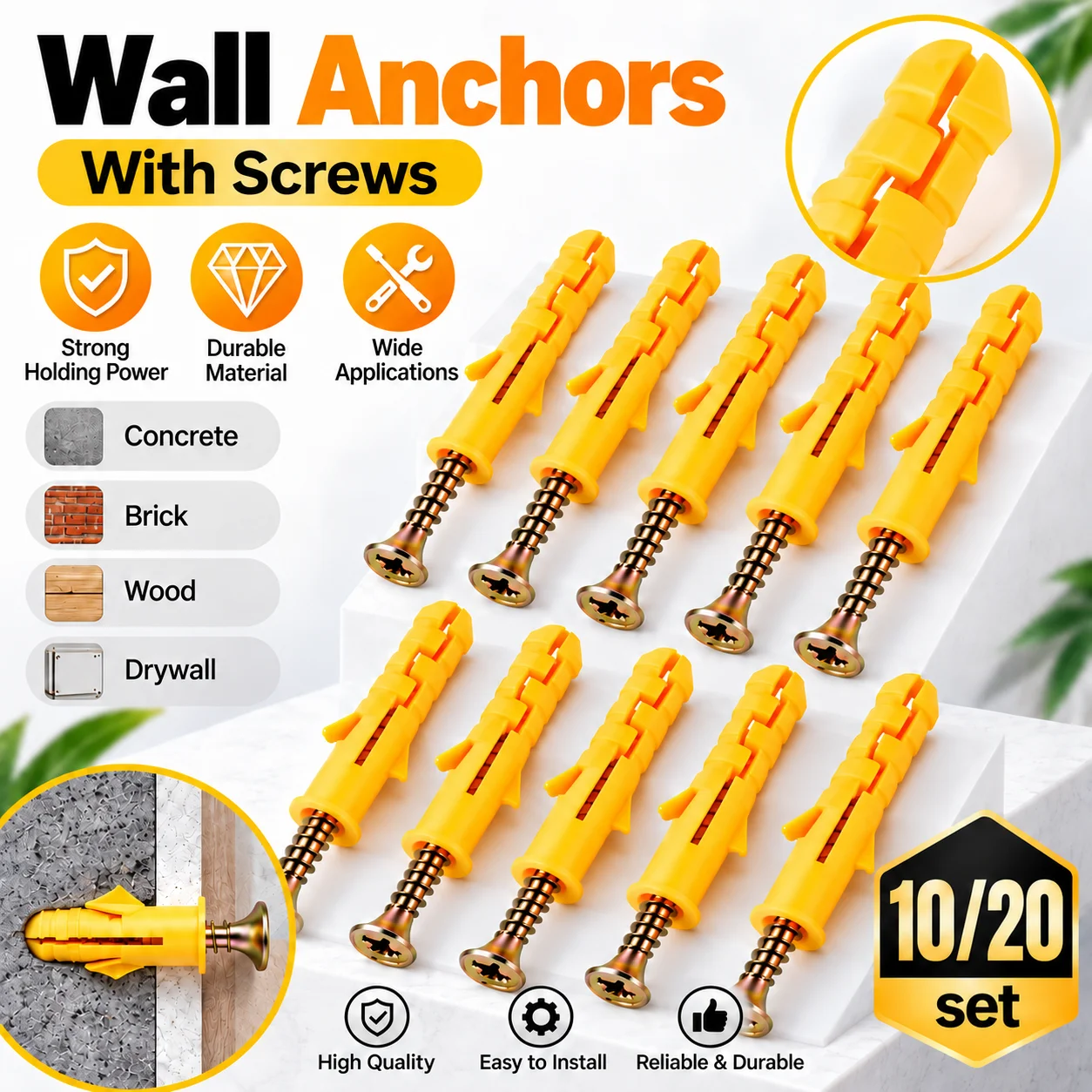 10/20 sets of drywall anchor and screw combination kit M6 M8 cross head self tapping screw bolt kit bolt anchor fasteners