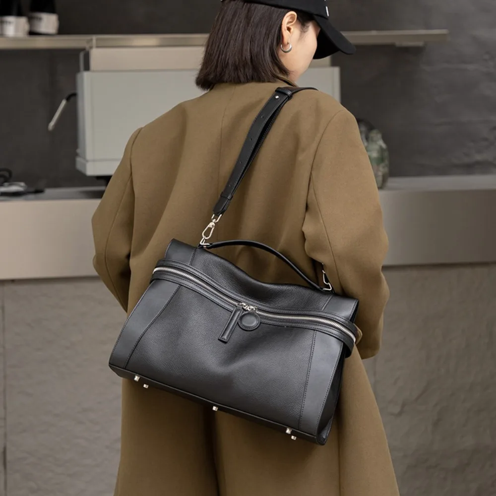Genuine Cowhide Leather Women's Handbag Large Capacity Top Handle Shoulder Crossbody Bag Unique Fashion Purse