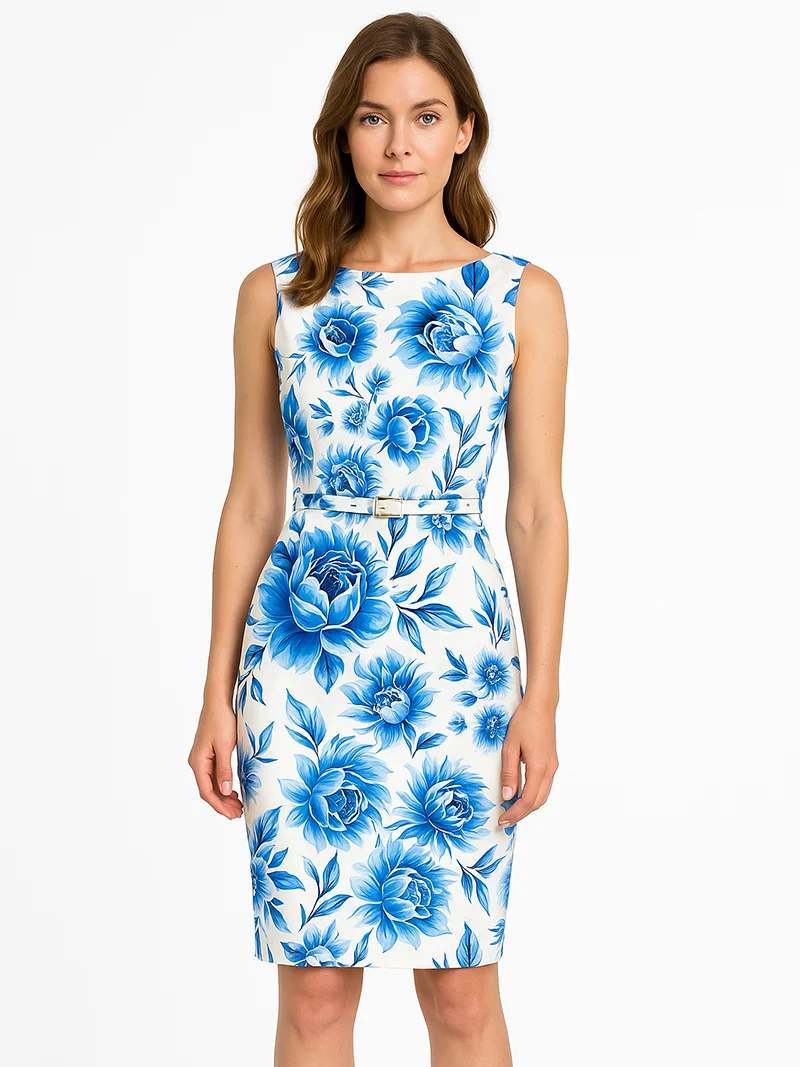 

Женское платье-футляр с цветочным принтом и круглым вырезом, платья без рукавов с поясом, летние