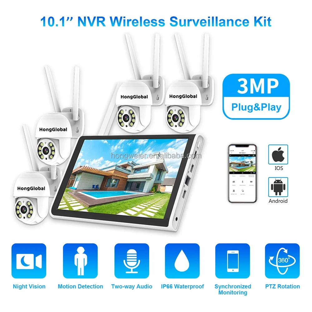 HongGlobal 3MP 4CH NVR 360 WiFi Kit cámara para el hogar ICSee Surveil Set IP sistema CCTV para interiores y exteriores sistema de cámaras de seguridad inalámbrico