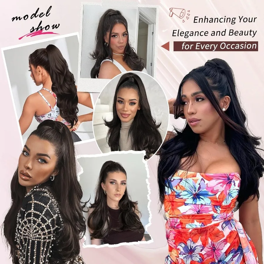 وصلة شعر طويلة مموجة برباط بطول 26 بوصة للنساء، قطعة شعر صناعية بمشبك على شكل ذيل حصان مع مظهر طبيعي مثالي لـ