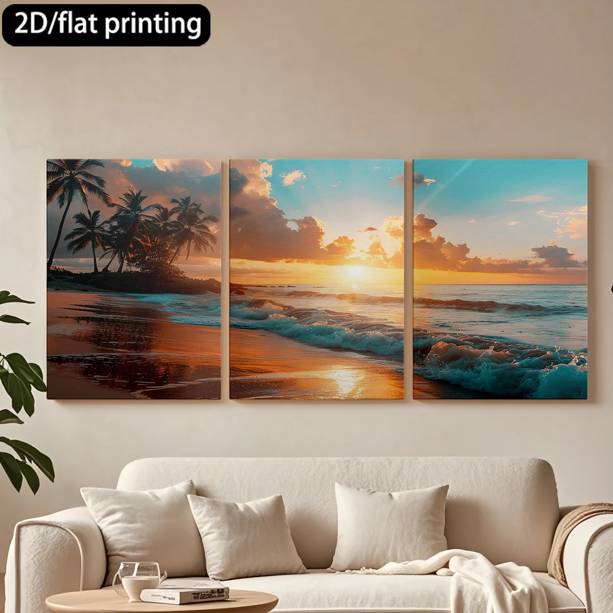 

Набор из 3 картин на холсте в деревянных рамах: Декоративная живопись «Солнечный пляж, пальмы». Украшение для коридора и спальни.