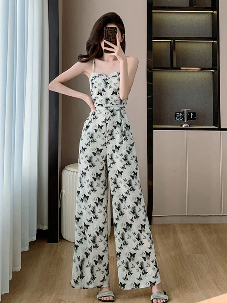 

Fashionable street style printed camisole jumpsuit design with drape wide leg drag Pants 2024 Summer